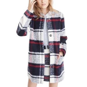 Abercrombie & Fitch Wool Plaid Collarless Windowpane Blue Red Overcoat Jacket XL